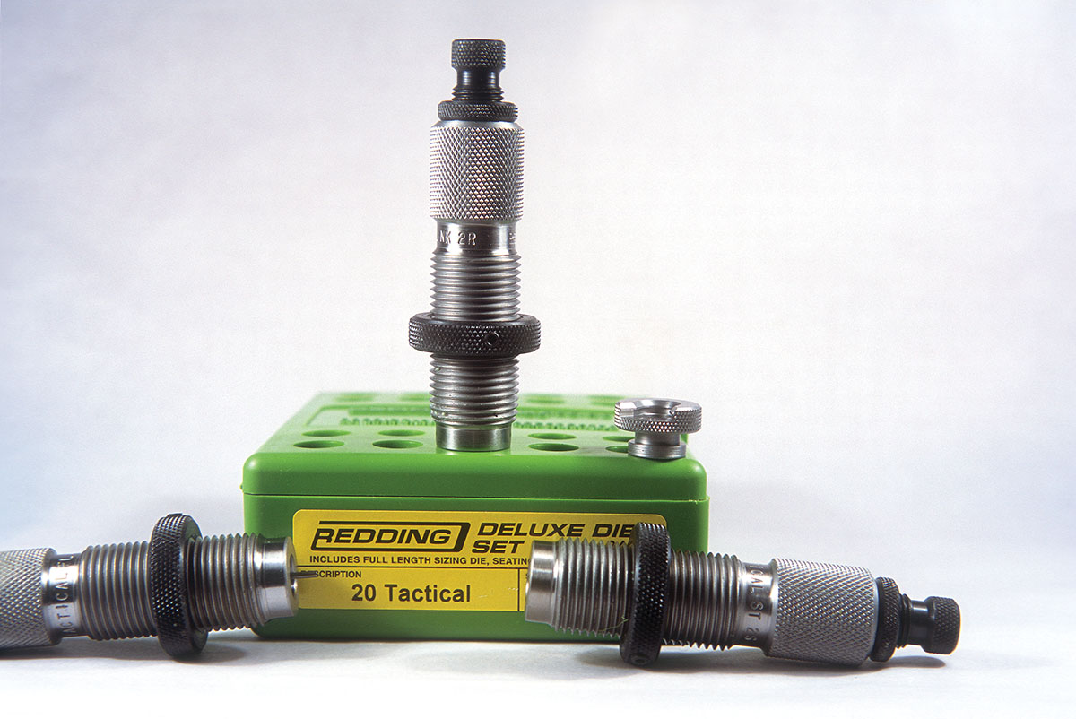 Redding’s 20 Tactical die set includes a full-length sizing die, a neck-sizing die and a bullet seating die. The cartridge uses a standard 223 Remington shellholder.